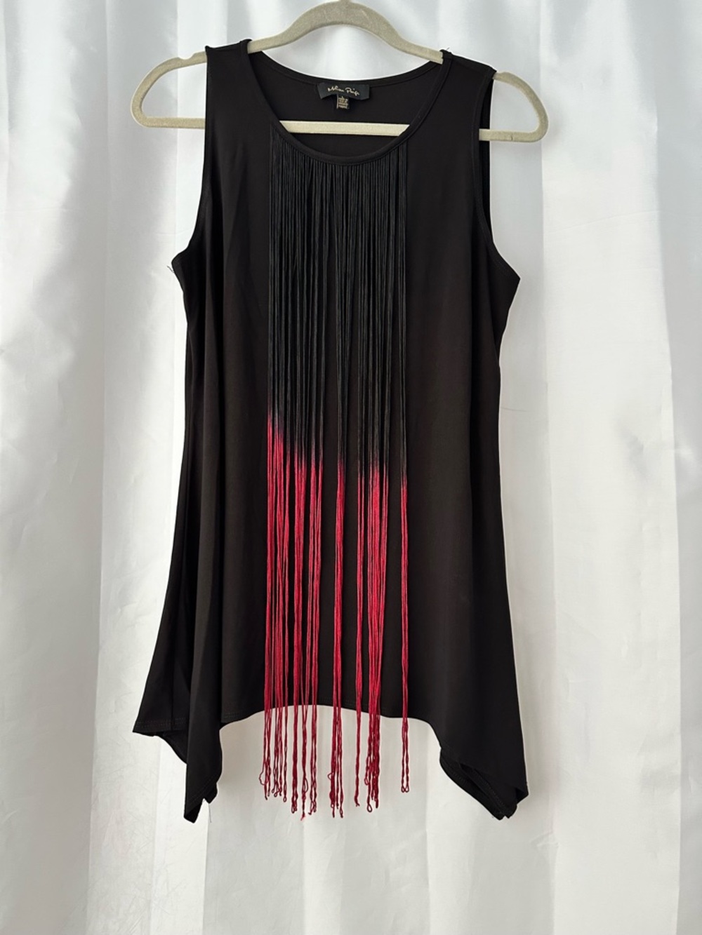 Melissa Paige L Black Tank with Red Ombré Fringe Handkerchief Hem Boho Festival